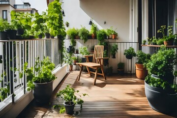 Beautiful balcony or terrace with wooden floor, chair and green potted flowers plants. Cozy relaxing area at home. Sunny stylish balcony terrace in the city