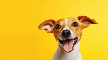 Smile puppy dog isolated on the yellow background with space for text