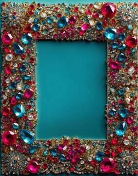 Jewelry frame with precious stones on turquoise background.