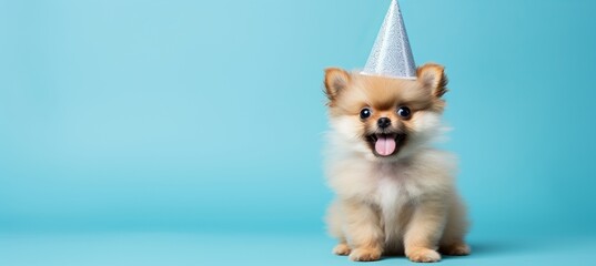 Joyful dog in party hat, celebrating on blue background, ideal for birthday concepts with text space
