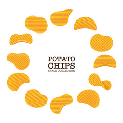 Set of vector illustrations of wavy crispy potato chips. arranged in a circle Separate snacks Junk food or quick party snacks isolated on a white cartoon background.
