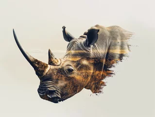 Double exposure photo, rhino with natural landscape, animals and nature, poacher, abstract thinking, meditation, contemplation, philosophy, animal silhouettes, natural resources, endangered © LeoOrigami