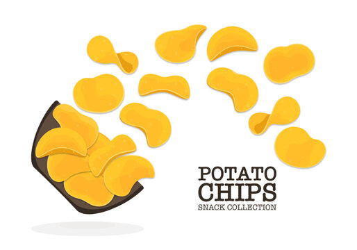 Vector illustration of flat, crispy, wavy pieces of potato chips bouncing off a wooden bowl. Vector crispy vegetable snacks or junk food Salty potato chips isolated on white cartoon background.
