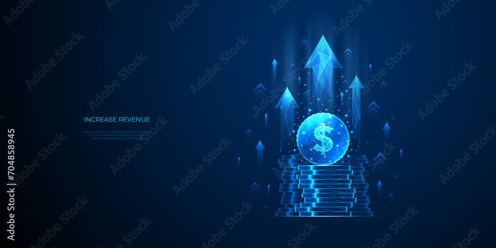 Poster increase revenue concept. light blue dollar coin and money stack with growth arrows up on technology