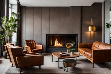 Brown leather chairs and grey sofa in room with fireplace. Mid-century style home interior design of modern living room