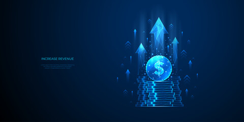 Increase Revenue Concept. Light Blue Dollar Coin and Money Stack with Growth Arrows Up on Technology Background. Financial Profit and Budget Metaphors. Digital Vector Low Polygonal Illustration. 