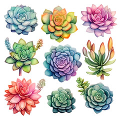Watercolor set of bright hand drawn succulents 