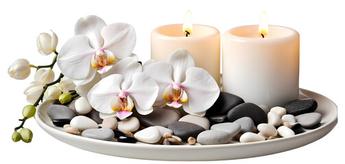 Obraz na płótnie Canvas floral home decor with white orchid, candle and stones on ceramic plate isolated on transparent background PNG 