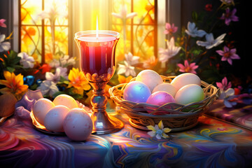 easter eggs and candle    A colorful garden setting with Easter eggs hidden among the flowers