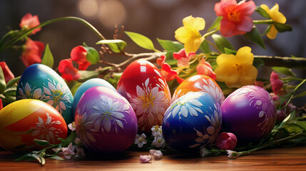 Obraz na płótnie Canvas easter eggs and flowers Fresh spring flowers and colorful Easter eggs. Creative decoration for Easter holidays​