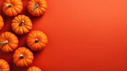 Little pumpkin and autumn maple leaf on the orange color background with copyspace area. Autumn...