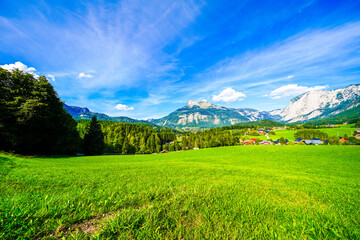 View of the landscape and mountains near Bad Aussee. Spa town in Styria in Austria. Idyllic nature...