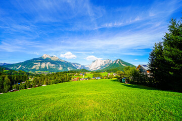 View of the landscape and mountains near Bad Aussee. Spa town in Styria in Austria. Idyllic nature...