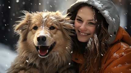 Happy Caucasian Woman with long red hair under a hood playing with her happy brown dog in the snow with a blurry background - Powered by Adobe