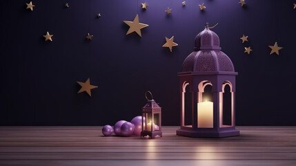 Ornamental Arabic lanterns with burning candle glowing on violet background. space for text