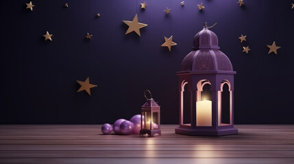 Fototapeta premium Ornamental Arabic lanterns with burning candle glowing on violet background. space for text