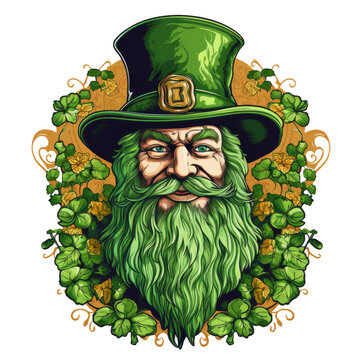 Isolated Impressive Old Leprechaun head with his green hat and beard with leafs and orange flowers around him