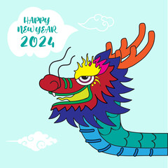 A vector file of colorful dragon illustration character with text Happy New Year 2024, and white Chinese style cloud on light green background