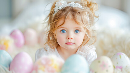Blonde girl, with blue eyes, colorful eggs scattered, Easter celebration in March, people concept, generative ai