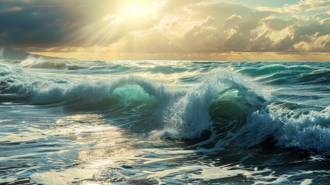  A Large Body Of Water With Waves Coming In And Out Of The Water And A Sun Shining Through The Clouds.