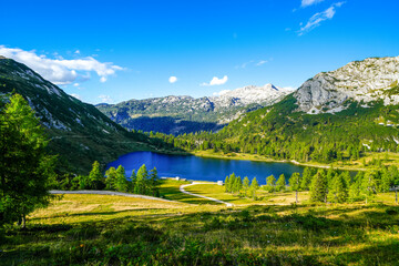 Gro&szlig;see on the high plateau of the Tauplitzalm. View of the lake at the Toten Gebirge in Styria. Idyllic landscape with mountains and a lake on the Tauplitz.
