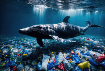 une baleine posée au fond de la mer sur des déchets plastiques -generative AI - obrazy, fototapety, plakaty