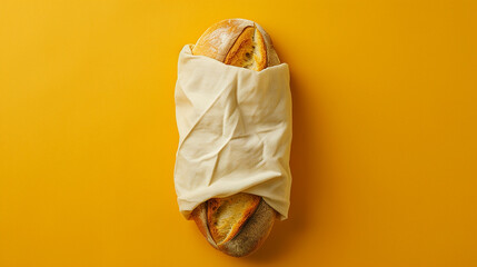 Reusable zero waste textile bread bag, top view on yellow background. Made with generative ai