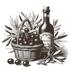 Monochrome illustration in vintage style with a basket of fresh olives and a bottle of olive oil surrounded by olive branches - 704861585