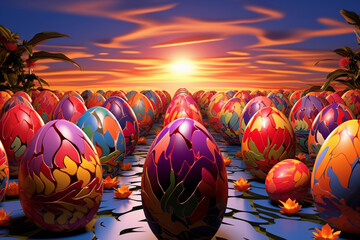 easter eggs on the beach   Happy easter colorful decorative eggs