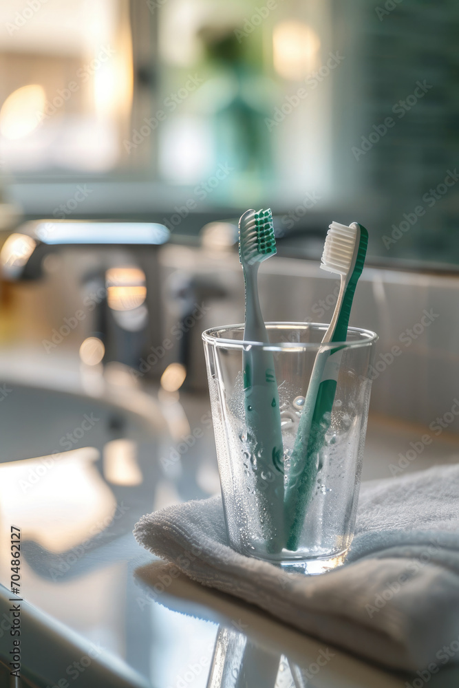 Canvas Prints toothbrushes in a glass on the washbasin.