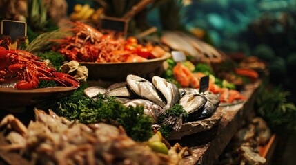  a table topped with lots of different types of food next to a bowl of lobsters and other veggies.
