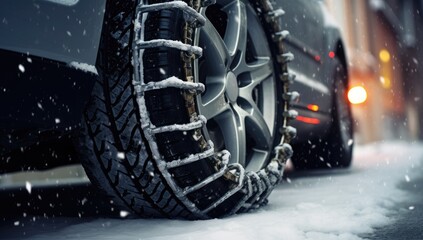 Winter tires for snowy roads. SUV on a snow-covered highway, ideal for family trips to ski resorts in winter or spring.