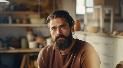Obraz premium Portrait of a successful and satisfied man potter in his pottery workshop 