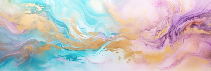 Banner with fluid art texture. Backdrop with abstract mixing paint effect. Liquid acrylic artwork that flows and splashes. Mixed paints for interior poster. Blue, pink, gold and white colors