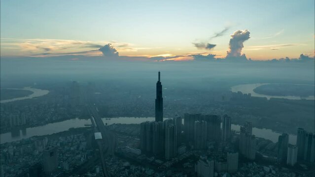 Aerial Hyper lapse Ho Chi MInh City, Vietnam at beautiful morning