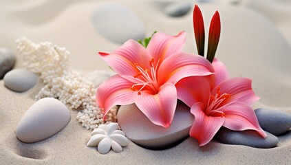 spa and wellness wallpaper with pink flowers and stones