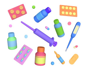 Set of medical preparations. Thermometer, syringe, patch, tablets in jars and blisters. 3d rendering