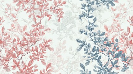  a close up of a wallpaper with a pattern of red and blue leaves and branches on a white background.