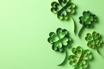 Four leaf clover paper cut on green background. St Patrick's Day holiday card.