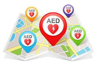 AED Machine Automated External Defibrillator Map pointer Location Destination on map - obrazy, fototapety, plakaty