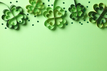 Frame top border made of four leaf clover paper cut and confetti on green background. Saint...