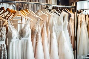 Beautiful elegant luxury bridal dress on hangers. White wedding  hanging on hanger in bridal shop boutique salon. Closeup no person 