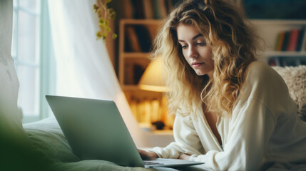 Young woman working on laptop at home - obrazy, fototapety, plakaty