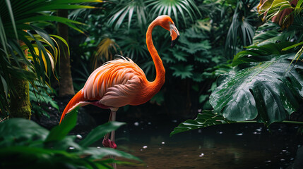 Fototapeta premium a flamingo jungle, water landscape wallpaper, wildlife photo, with empty copy space