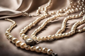 elegant pearl necklace draped over a velvet display, capturing the classic and refined allure of timeless jewelry in a sophisticated setting