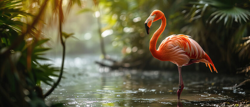 a flamingo jungle, water landscape wallpaper, wildlife photo, with empty copy space