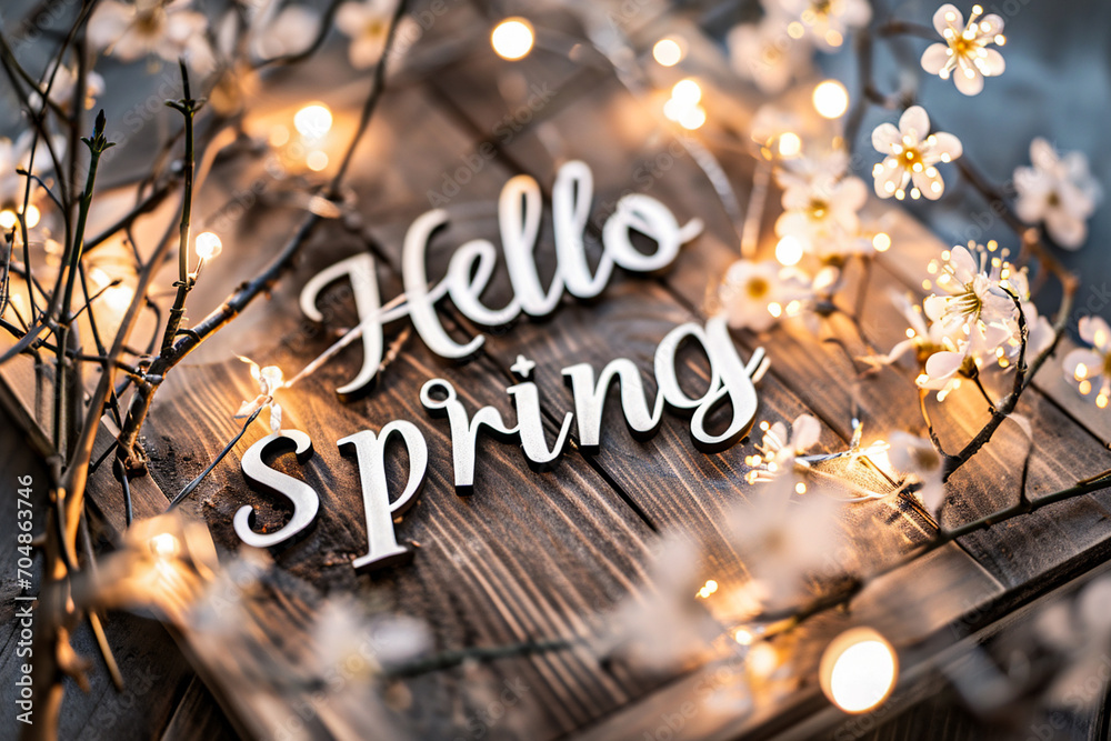 Fototapete hello spring message on wooden background with lights and flowers. hello spring.
