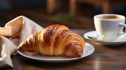  a croissant sits on a plate next to a cup of coffee and a napkin on a wooden table.