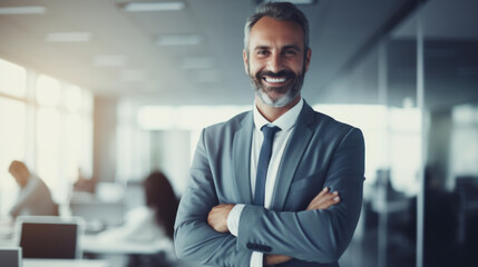 Fototapeta premium Portrait of a handsome middle aged business man standing in the office smiling, co-workers and employees in the background