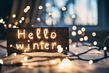 Wooden sign with the inscription Hello Winter on the background of garlands